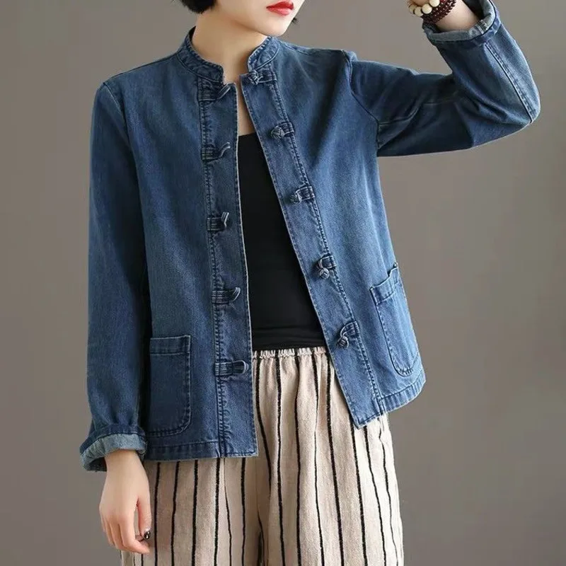 

Винтажная джинсовая куртка с вышивкой, женская весенне-осенняя повседневная джинсовая куртка с воротником-стойкой и длинными рукавами, пальто, верхняя одежда на пуговицах в этническом стиле