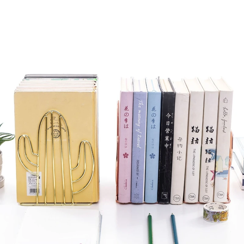 A Pair of Cactus-shaped Nordic-style Rose Gold Iron Bookends Creative Metal Telescopic Bookends and Desktop Storage Racks