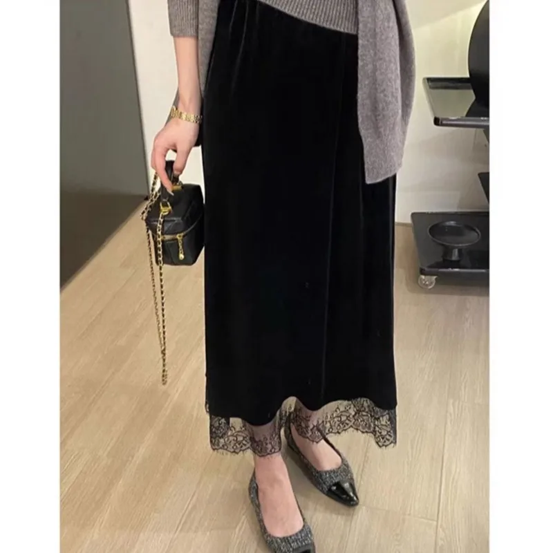 

Бархатная кружевная лоскутная юбка с высокой талией и прямыми штанинами, женская весенняя новая утягивающая юбка трапециевидной формы, чистый цвет