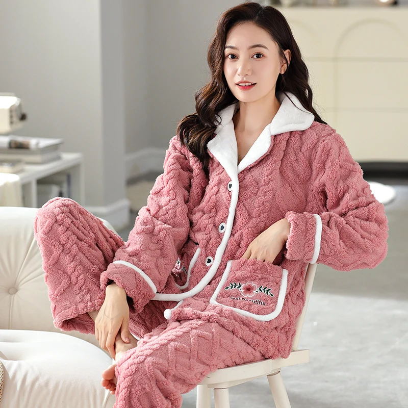 Pajamas Women's Winter Flannel Cardigan Pyjamas Female Jacquard Sweet Coral Velvet Warm Set Women's Homewear Pijamas Mujer