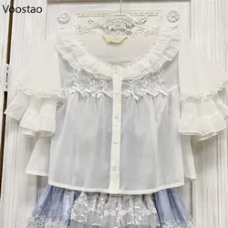 Summer Vintage Kawaii LolitaPrincess Blouses Women Japan Style Bow Lace Ruffles O-Neck Short Shirts Girl Chiffon Jsk Inside Tops