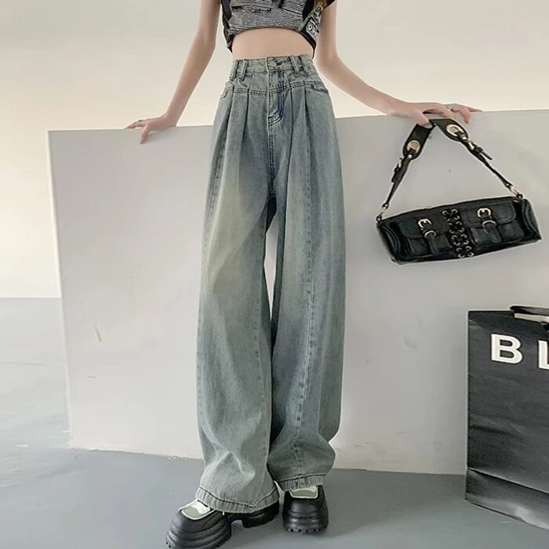 Gidyq Vintage Wide Leg Jeans Women Casual High Waist Loose Straight Denim Pants Korean Fashion Chic Pleated Trousers Female