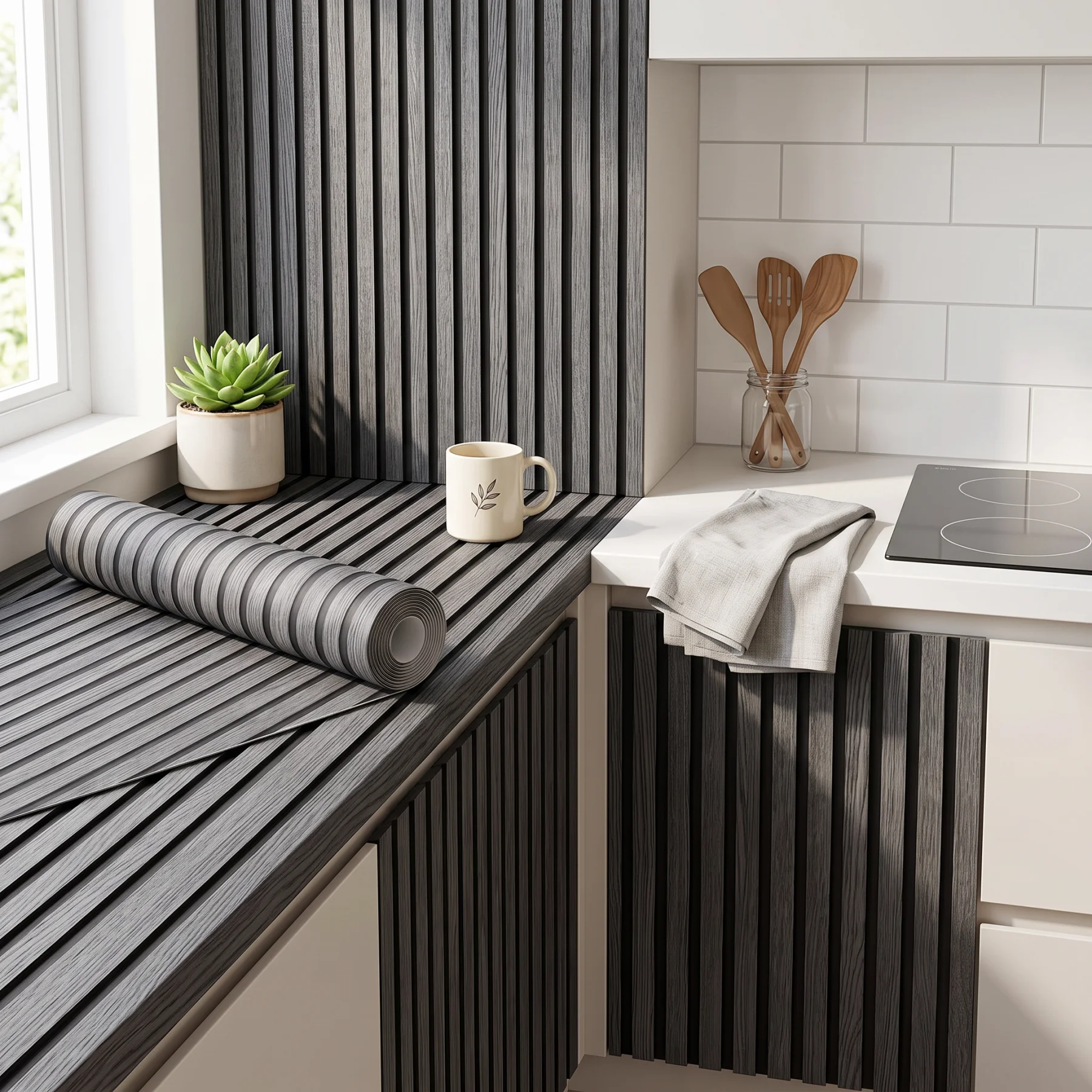 Gray Wood Slat 3D Wall Panel Sticker Self Adhesive Waterproof Vinyl Wallpaper DIY Kitchen Living Room Background Wall Decoration