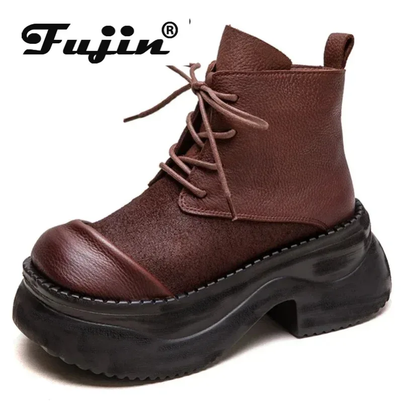 Fujin 6.5cm Chimney Ladies Women Ankle Booties Autumn Motorcycle Shoes Natural Genuine Leather Fashion Spring Boots Moccasins