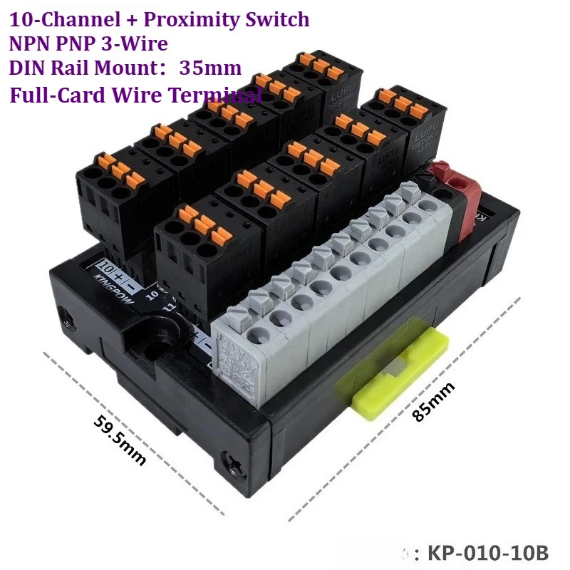 KP01010B 10CH Digital Input Collector Card with Full-Card Wire Terminals, 24V DC Proximity Sensor Interface, 35mm DIN Rail Mount