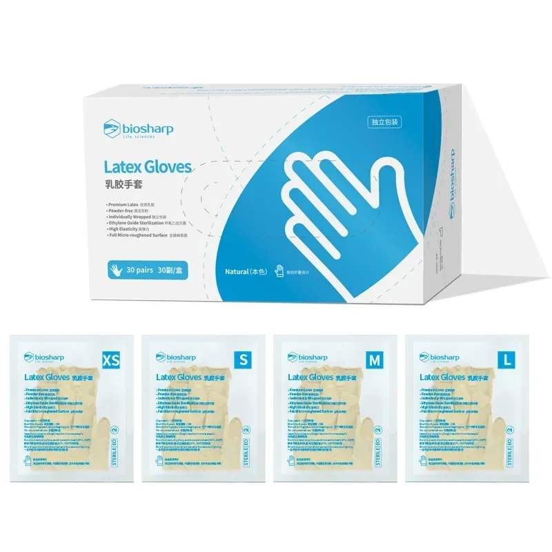30 Pairs Biosharp Labs Latex Gloves Individually Packed Disposable Gloves Latex Special XS/S/M/L 6.0g High Stretch Hemp Surface