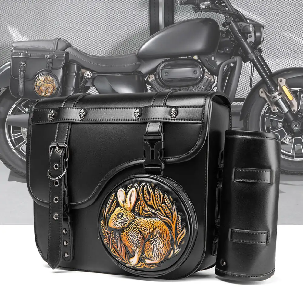 Industrial Retro Style Heavy-Duty Motorcycle Side Bag Embossing Rabbit Partern Pu Leather Knight Hanging Bag Medieval Steampunk
