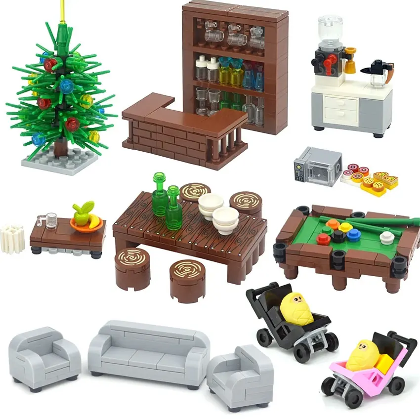 DIY City Friend MOC House Furniture Accessories Bricks Desk Wardrobe Bed TV Sofa Kitchen Bathroom Piano Computer Building Blocks