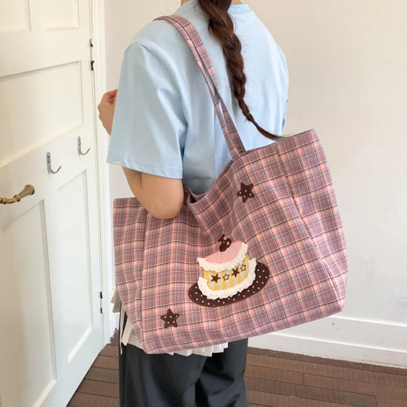 Sweet Cute Star Cake-embroidered Nylon Shoulder Bag Fashion Large-capacity Plaid Tote Bag Women's Simple Commuter Handbag