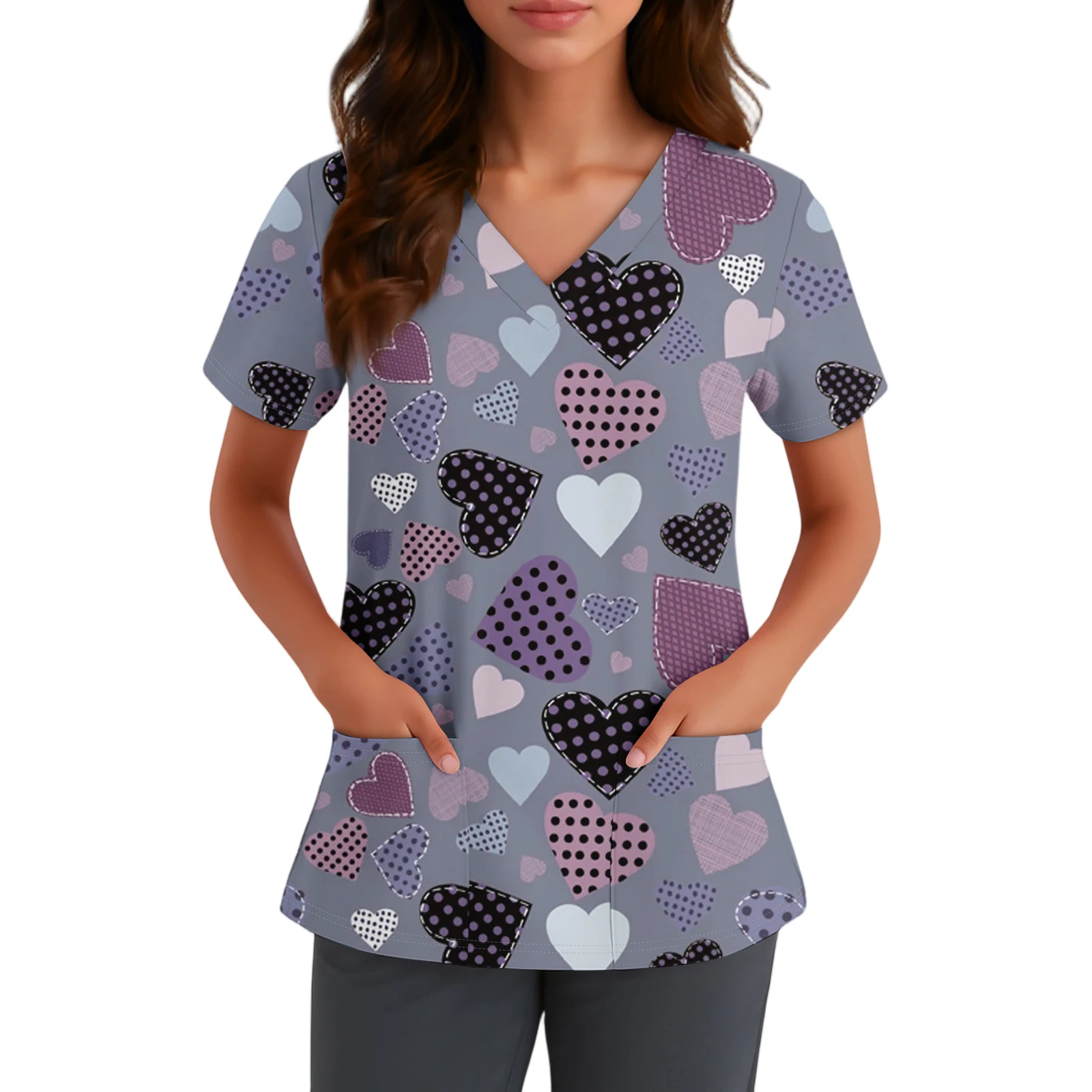 Uniforme d'infirmière pour femmes, haut à col en v en forme de cœur à paillettes rouges, chemisier à manches courtes avec poches pour adultes, vêtements brillants tendance pour la saint-valentin, 2026