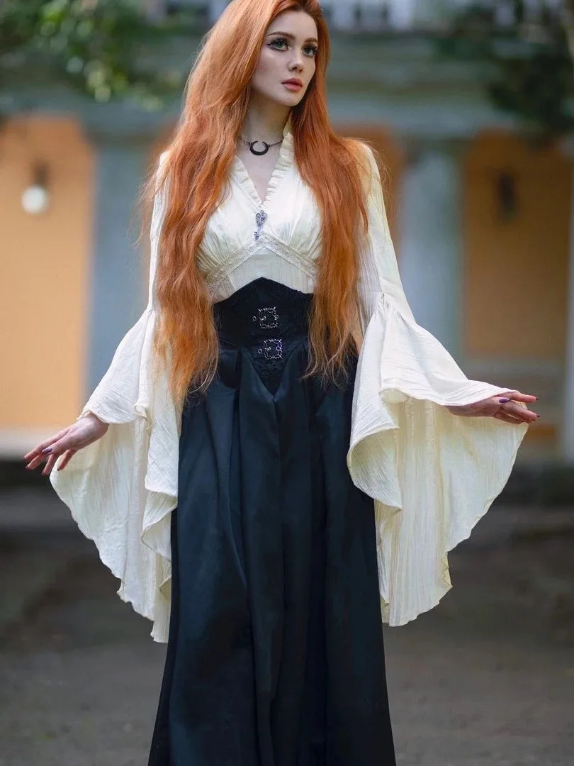 Gothic Sle Medieval Court irt Women's loween Subculture Asymmetrical Skirt Set High Waist Gown with Pleats Long Sve