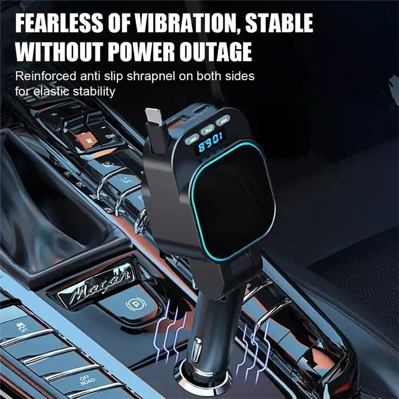 ABGI Bluetooth 5.3 FM Transmitter for Car with 96W PD Type-C QC3.0 Fast Charging Dual Retractable Cables