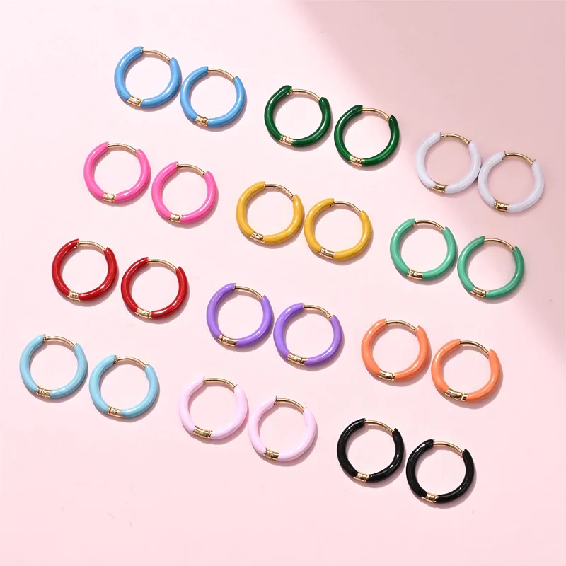 1 Pair Colorful Enamels Hoop Earrings for Women Trendy Dripping Oil Huggie Earrings Stainless Steel Jewelry