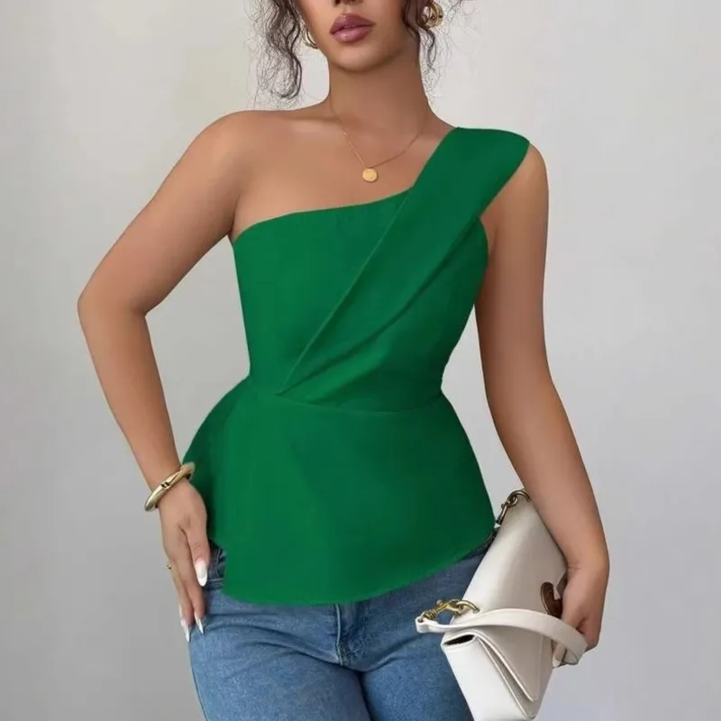 Sexy One Shoulder Top Summer Women's Casual Sleeveless Vest Top Fashion Green Diagonal Collar Ruffles Vests Tops Streetwear
