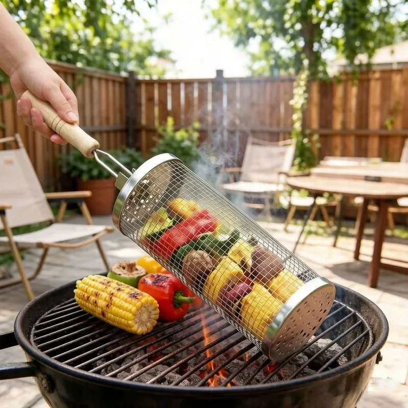 Rundes Grillkorb-Set aus Edelstahl, rollbarer Stahlgitter-Grill mit Griff, unverzichtbar für Outdoor-Camping – Detail 3