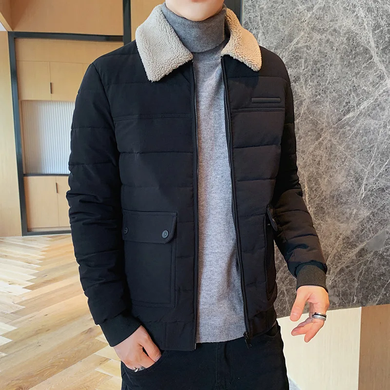 Autumn And Winter Men's Short Down Cotton-padded Clothes Casual Fashion Lamb Wool Collar Jacket Lapel Tooling Pie