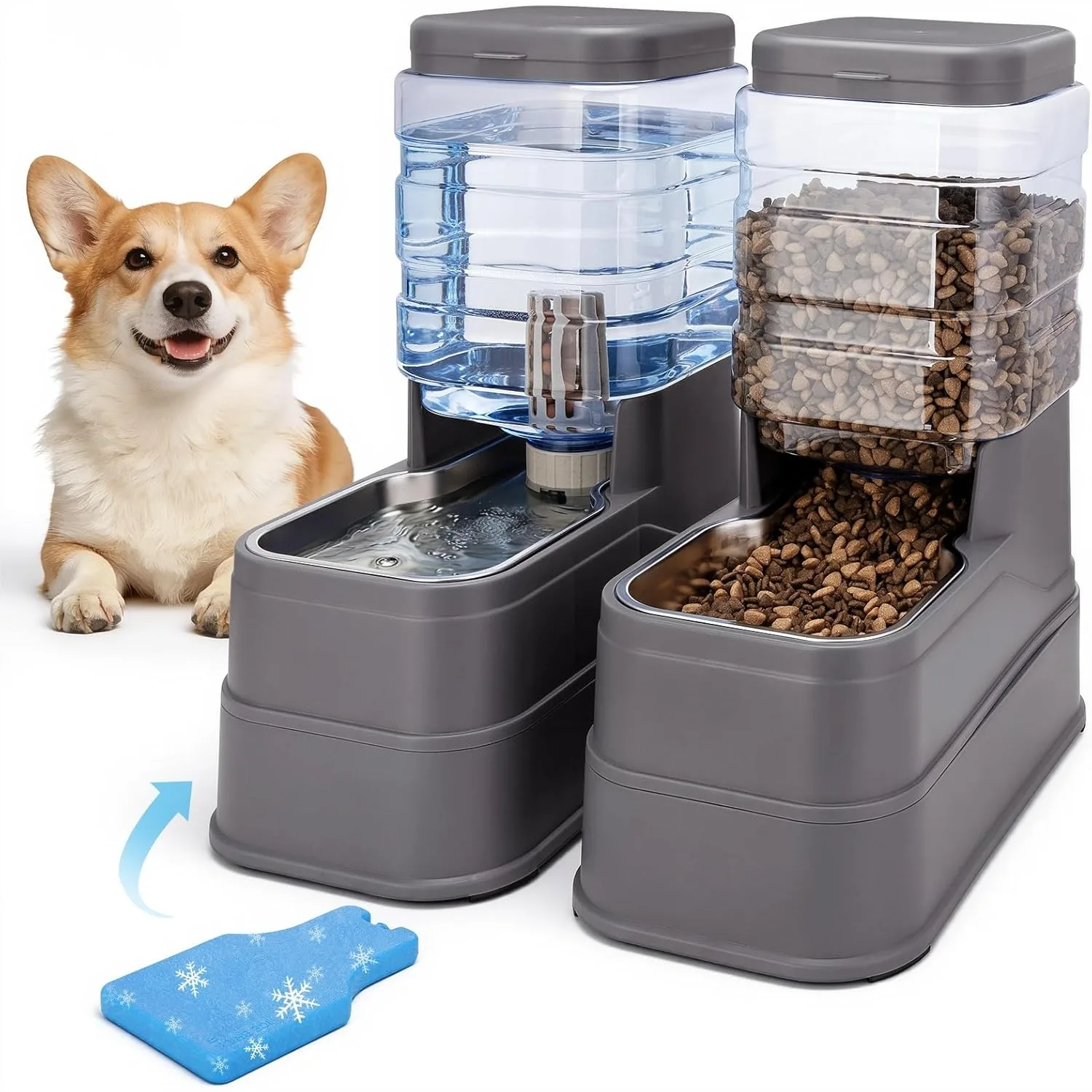 

Automatic Cat Feeder and Water Dispenser with Stainless Steel Bowls, Gravity Food and Water Set for Dogs, 1.3 Gallon Each, Grey