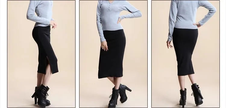 Winter-Damenrock, hohe Taille, Stretch-Bleistift, lang, geteilt, vorne geschlitzt, A-Linie, lässig, koreanischer Stil, eleganter schwarzer Bleistiftrock – Detail 3