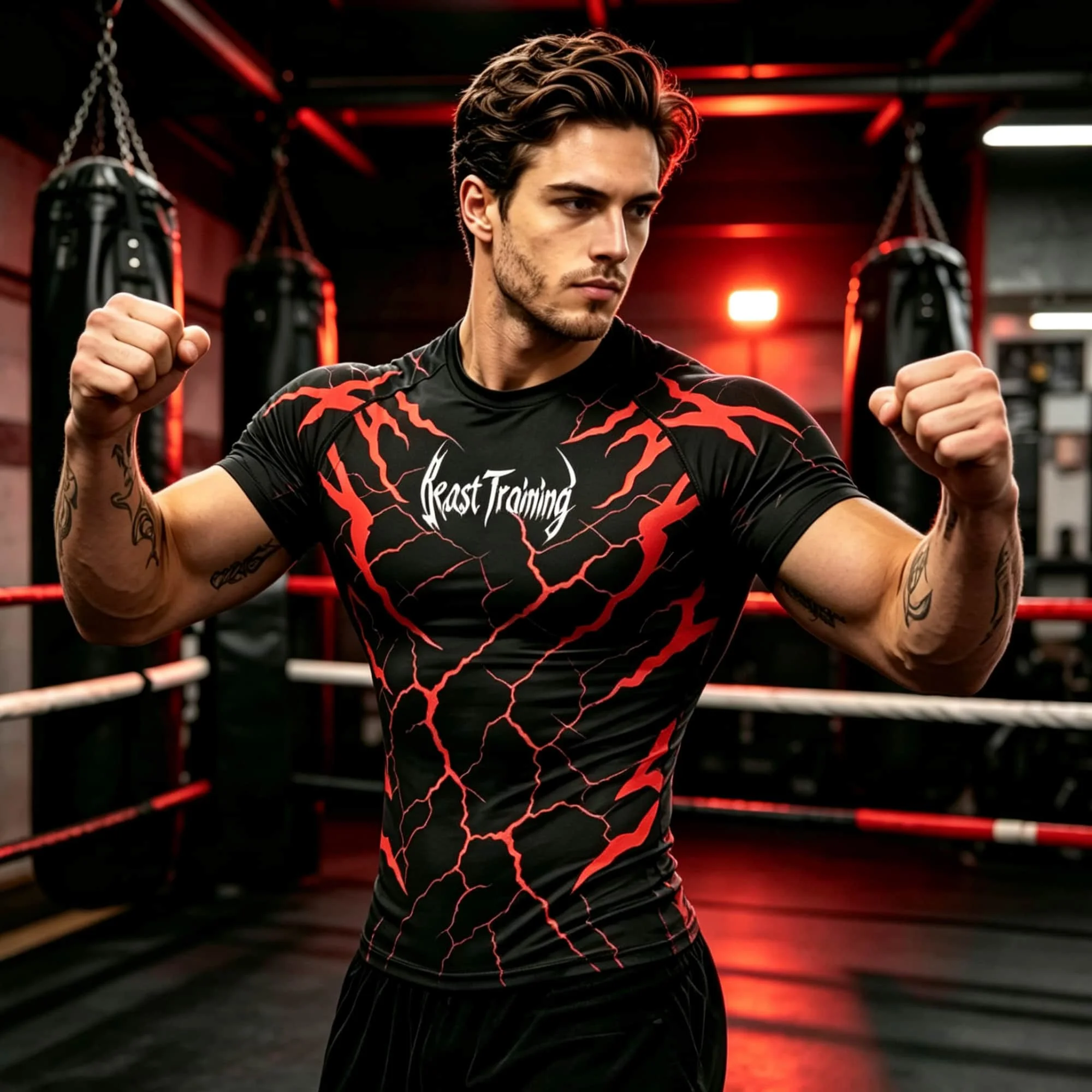 Men Crack Texture Print Compression Short Sleeve T‑Shirt Gothic Letter Graphic Stretch Athletic Top For Boxing Gym Workout Train