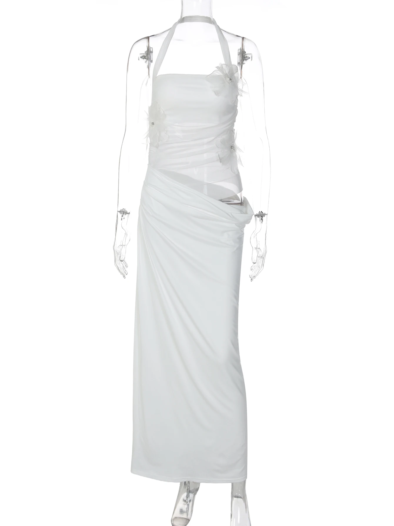 Dulzura Robe longue en maille transparente à fleurs, dos nu, style halter, dernière mode estivale, tenue élégante et sexy pour femmes, tenue de soirée, vêtements de club