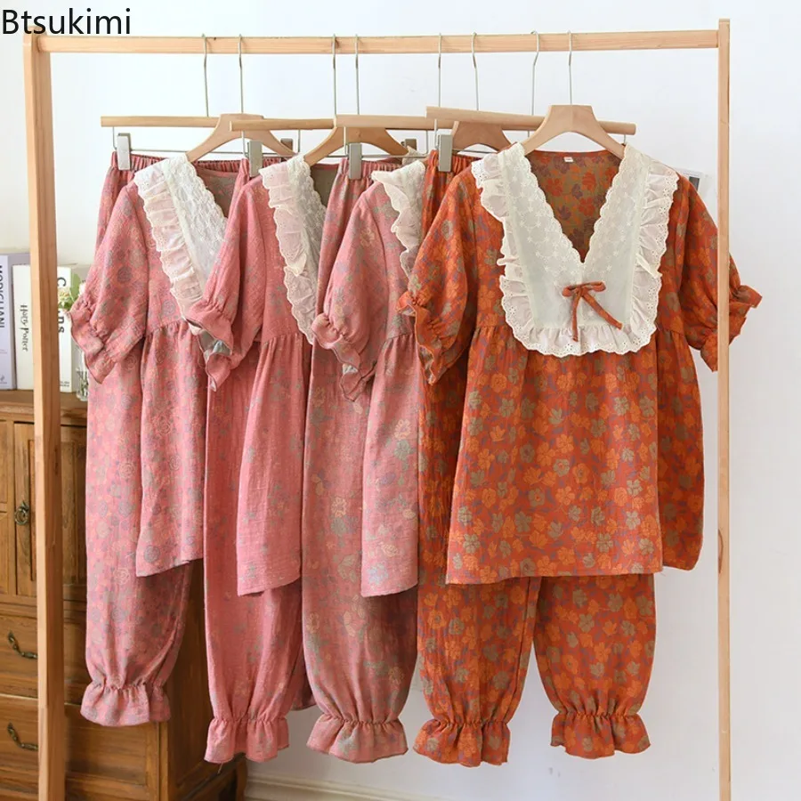 

2024 Women's Summer Casual Pajamas Sets Short Sleeve Shirts and Shorts 2-piece Cotton Home Clothes Yarn-Dyed Jacquard Sleepwear