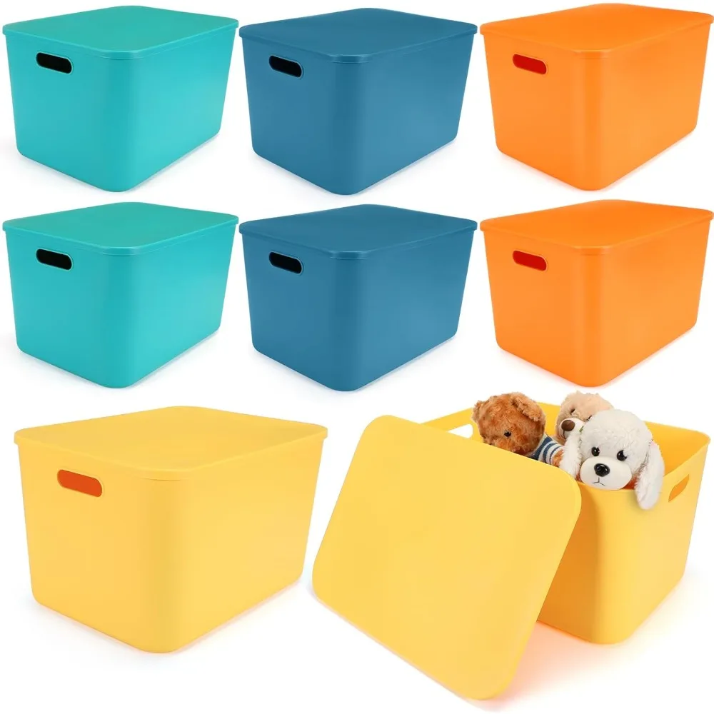 

8 Pieces Colorful Storage Bins with Lid, Plastic Storage Basket Organizing Container Stackable Box with Handle for Shelves Desk