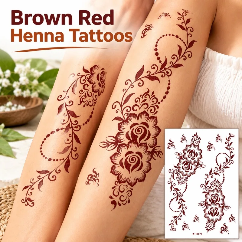 Reddish Brown Henna Tattoo Sticker Waterproof Indian Mehndi Hand-painted Temporary Body Decal Festival Skin Art Decor Party