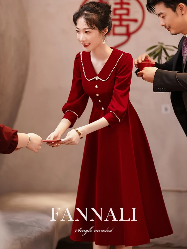 

Summer Wedding Dr for Pregnant Women Red Color Korean Sle High Waist A-Line Skirt Zipper Closure V-Ne Long Sve Dr