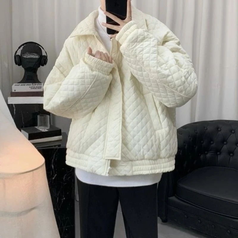 ​Stylish Diamond Grid Men's Cotton Coat Set Short Length Loose Fit Winter Jacket Premium Thermal Insulation Clothing​