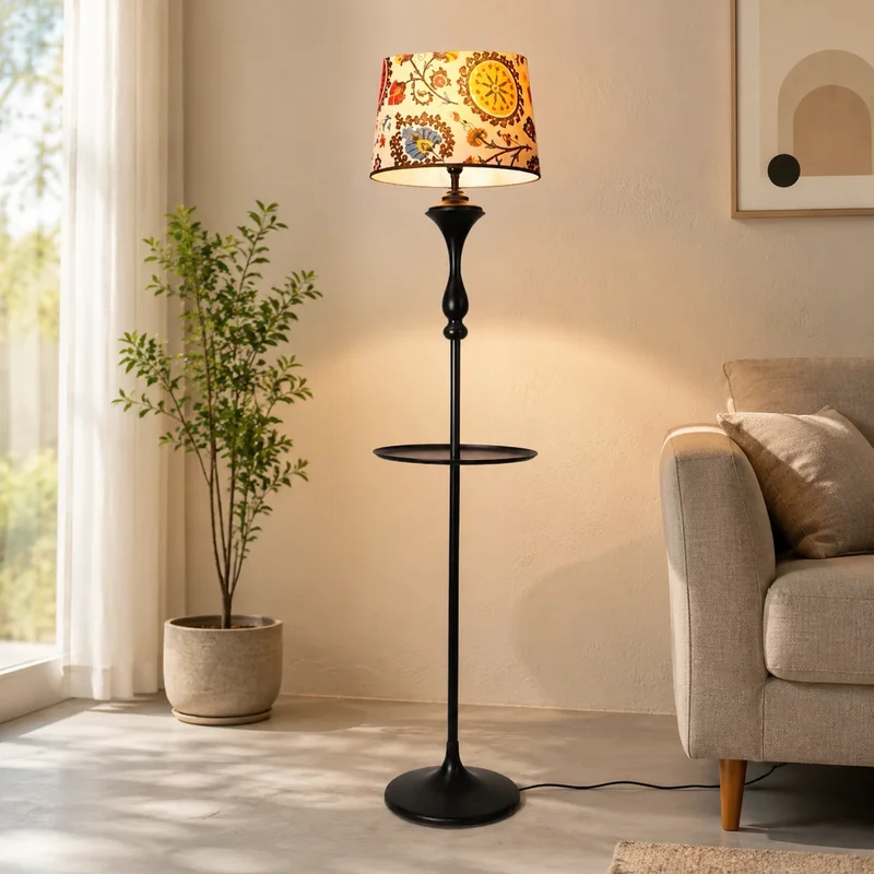 Vintage Bohemian Fabric Floral Drum Shade Slender Pedestal Side Table Living Room Bedroom Reading Corner Home Decor Floor Lamp