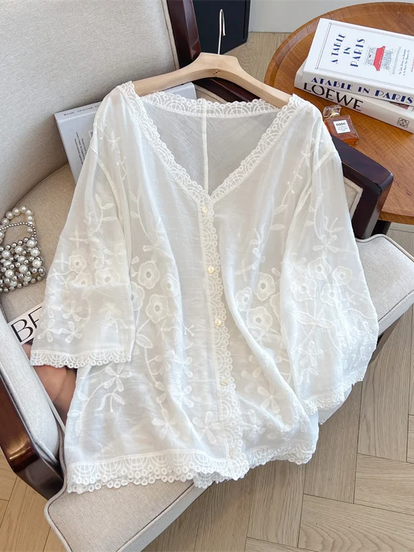 قميص دانتيل مطرز جديد صيفي جديد فضفاض ملابس أمومة سترة رفيعة ملابس خارجية للنساء مقاس كبير نمط غير رسمي #3