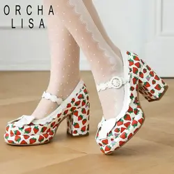 ORCHALISA Mary Janes décolleté da donna punta tonda tacco alto 8.5cm piattaforma Bowknot fragola colore misto 33 41 42 43 scarpe da ragazza dolce