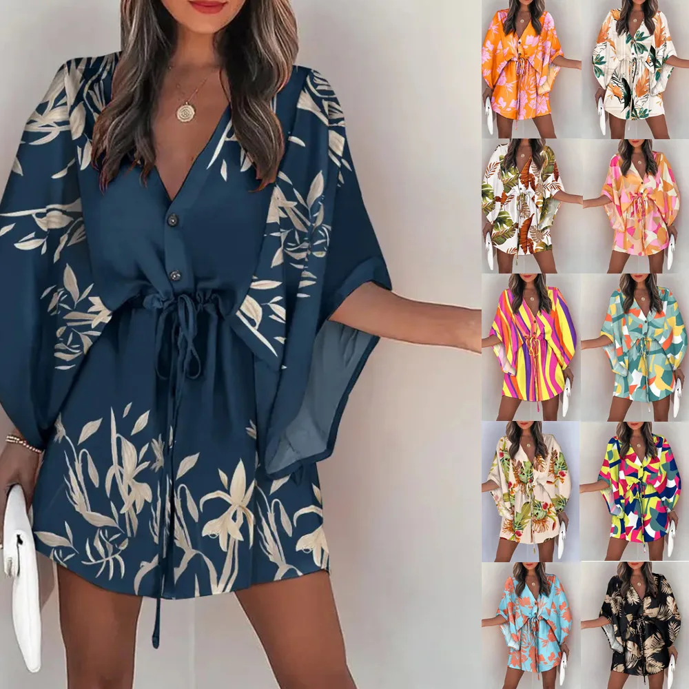 Summer Casual Vacation Dress Women's High Waist Five-Quarter Length V-Neck Fly-Sleeve Knot-Waist Dress Fashionable Trend