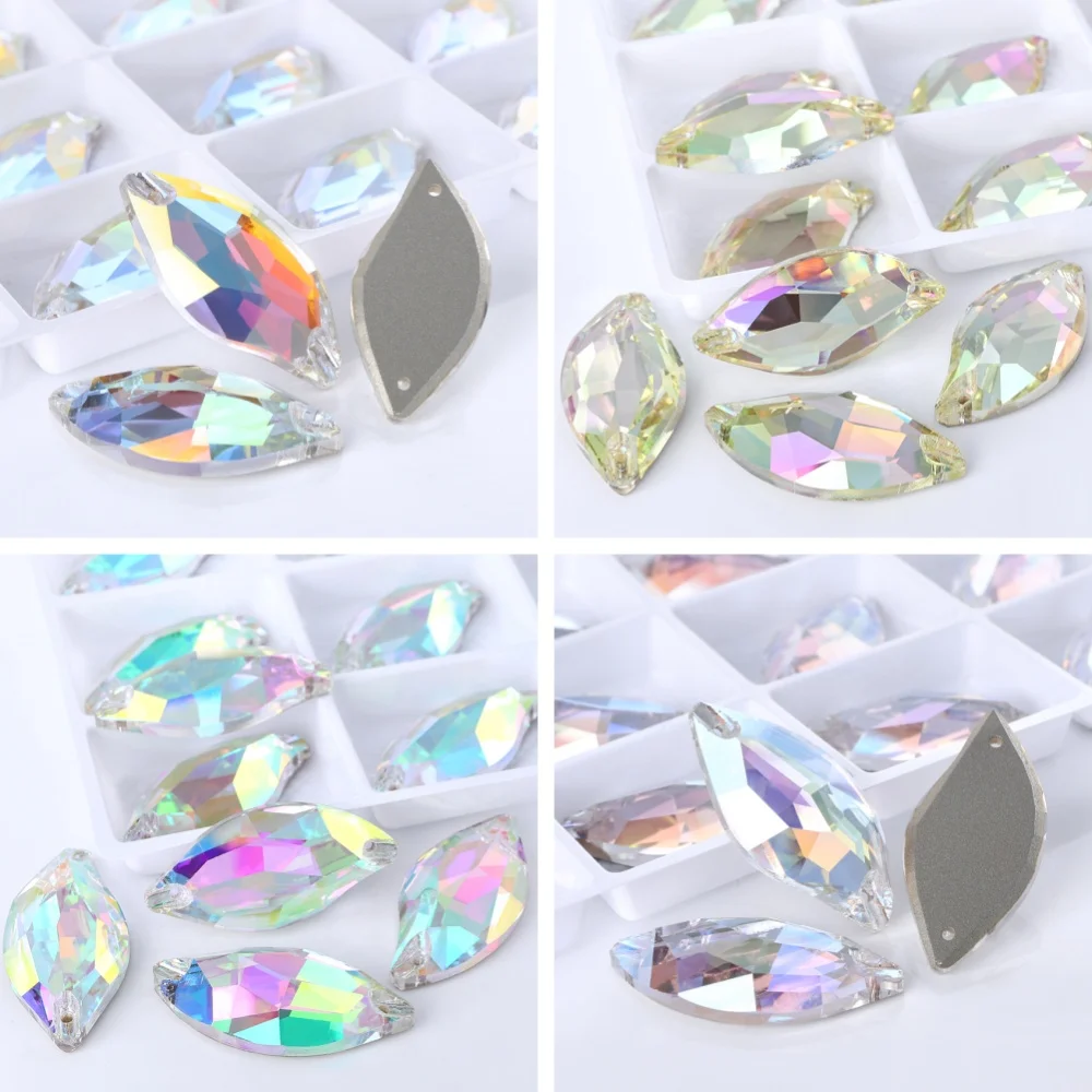 

QIIY Willow Leaf 10x20mm 14x30mm Flatback Sewing Rhinestones Glitter Glass Clothes Wedding Dress Decoration Crystal Gems