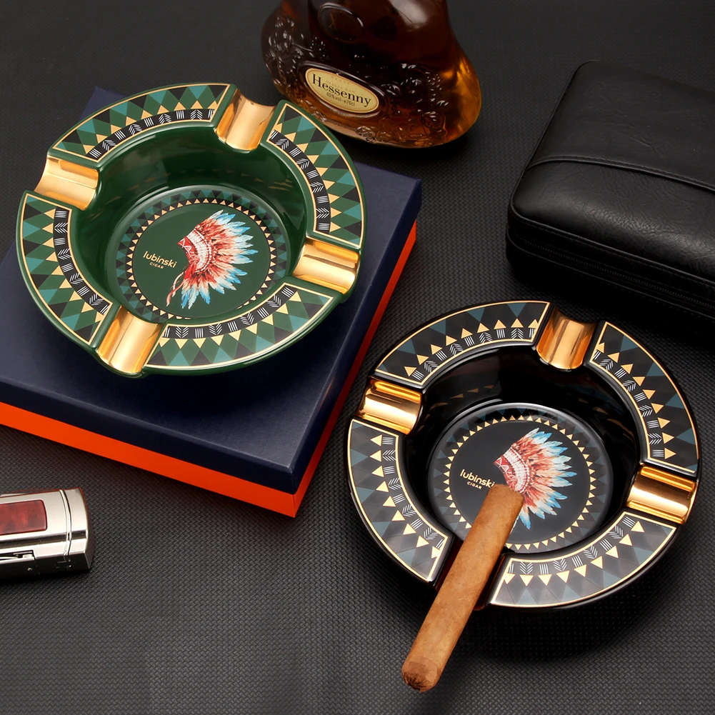 LUBINSKI Round Ashtray Cigar Accessories Home Portable Table Cigar Ash Tray 4 Slot Tube Luxury Ashtrays