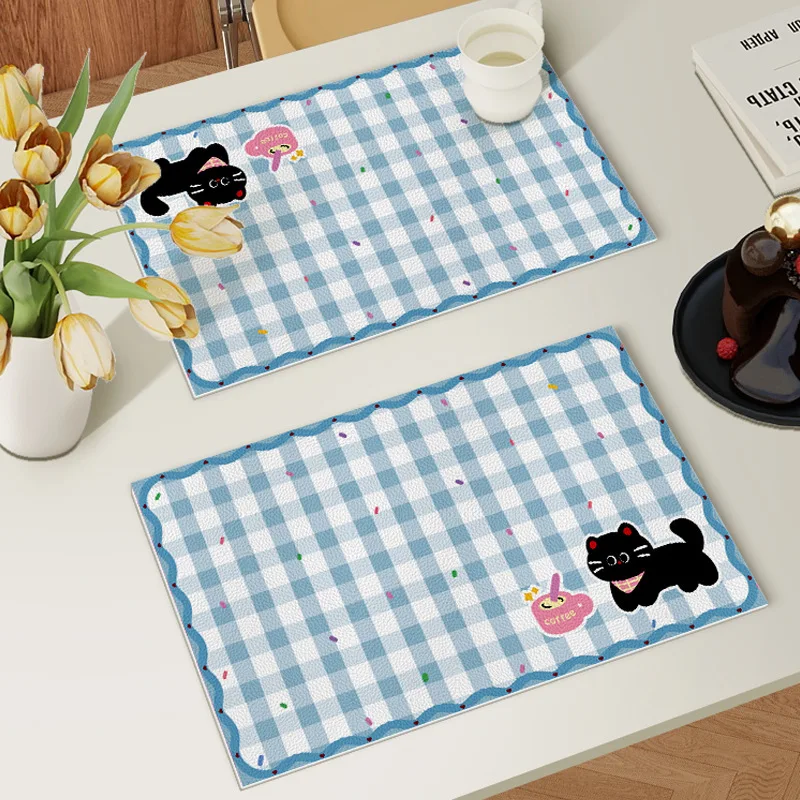 VIKAMA Cartoon Black Cat Check Dish Drying Mat Non Slip Waterproof Quick Absorbent Coffee Table Kitchen Draining Pad