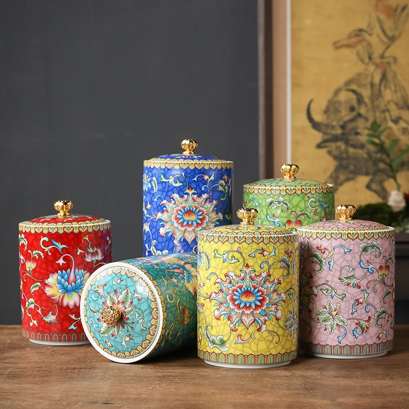 European Style Colored Flower Crown Ceramic Jar with Lid Cylindrical Sealed Tea Pot Porcelain Storage Jar Candle Bottle Decor