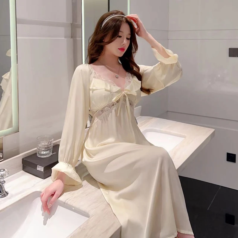 2023 New Autumn Long Sleeve Sexy Lace V-neck Silk Satin Nightgowns For Women Korean Cute Sleepwear Night Dress Nightdress Nighty