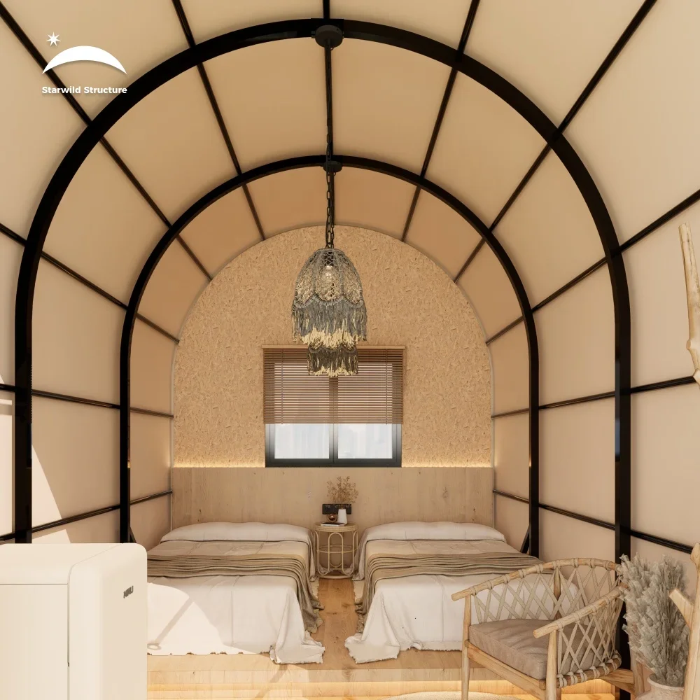 New Design Morden Outdoor Luxury Glamping Hotel Tent On Wheels Glamping Carriage Tent Camping Wagon Tent