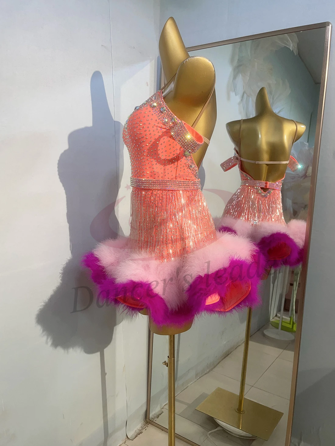 Latin Dance Costume, Rhinestone Women's Clothing, High-end Customized Two-color Plush Skirt, Samba Performance Dress