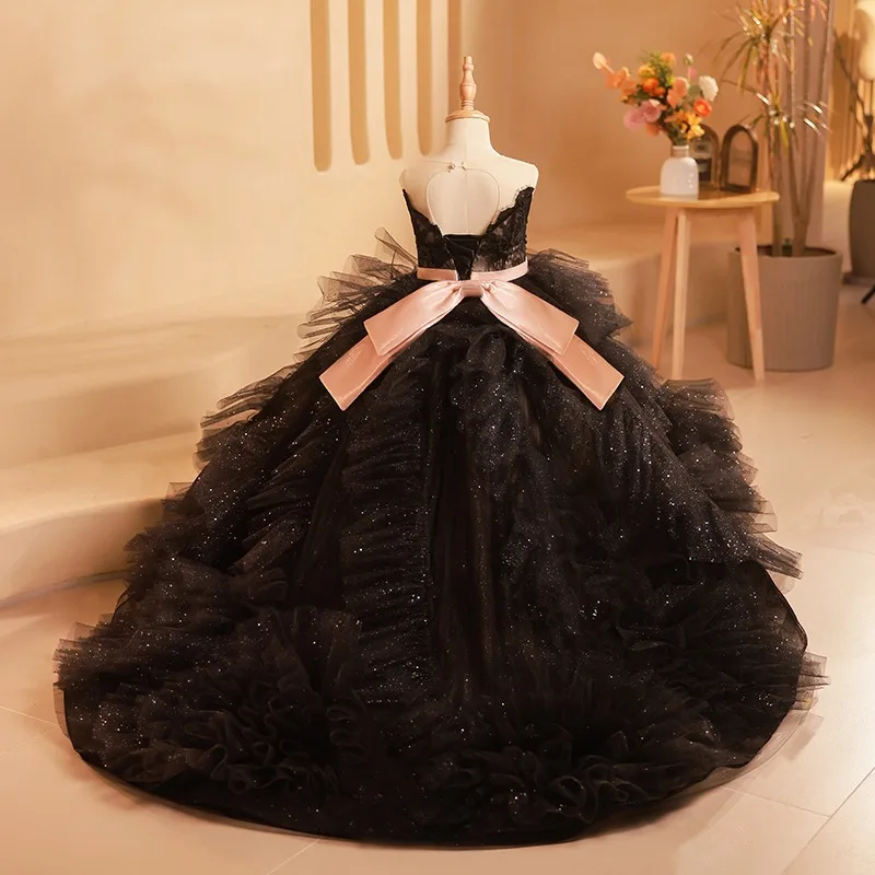 Customized Black Ball Gown Tulle Baby Flower Girl Dresses Court Train Children Wedding Prom Birthday Party Gowns