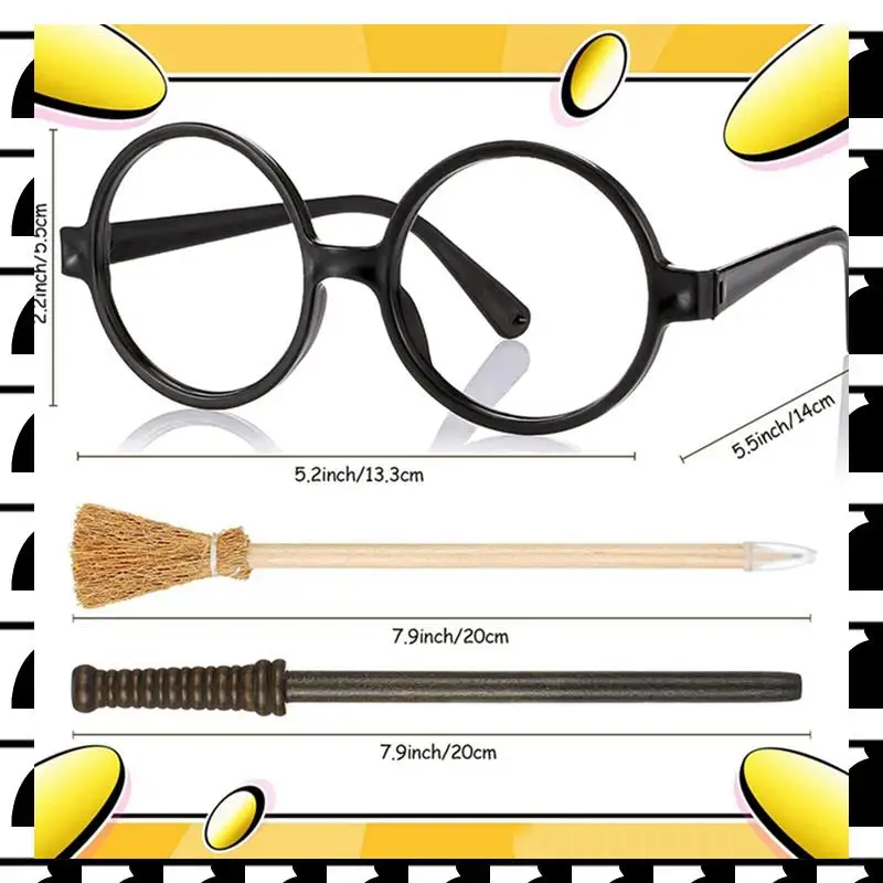 

A44U 45 Pack Witch Broom Pencils And Wands Round Frame Pencils And Glasses Festive Props Plastic Witch Wand Theme Party Supplies