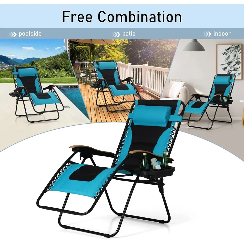 Camping Chair Foldable Patio Recliner Support 400 LBS Lounge Chairs Oversized Padded Zero Gravity Chair Beach Outdoor Furniture