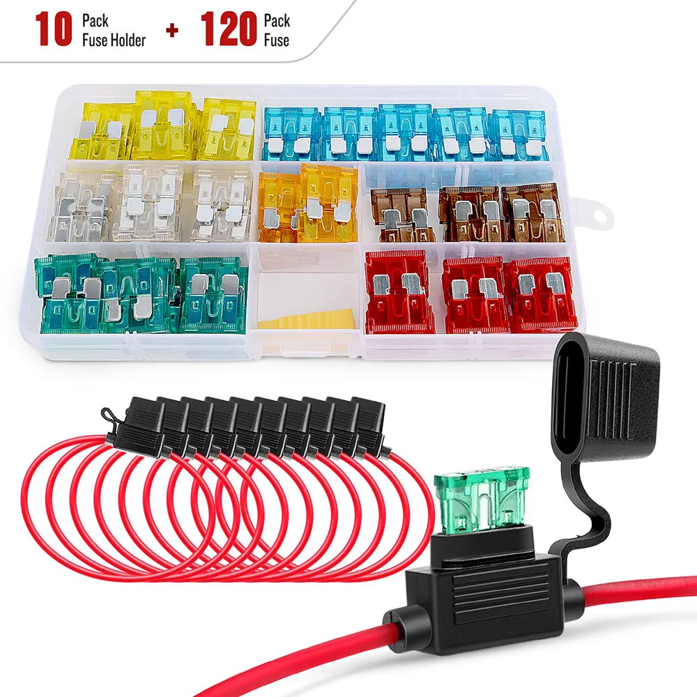 120 standard blade fuses 5A/7.5A/10A/15A/20A/25A/30A AMP combination, with 10 packs of 14AWG ATC/ATO inline fuse holders