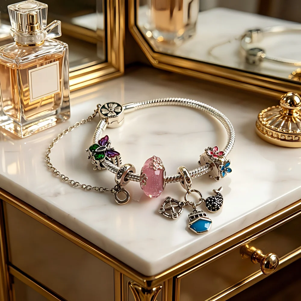 

Браслет из серебра 925 пробы с подвесками в виде животных и растений: фиолетовая бабочка, разноцветные цветочные бусины, дельфин. Изысканные ювелирные украшения DIY в подарочной коробке.