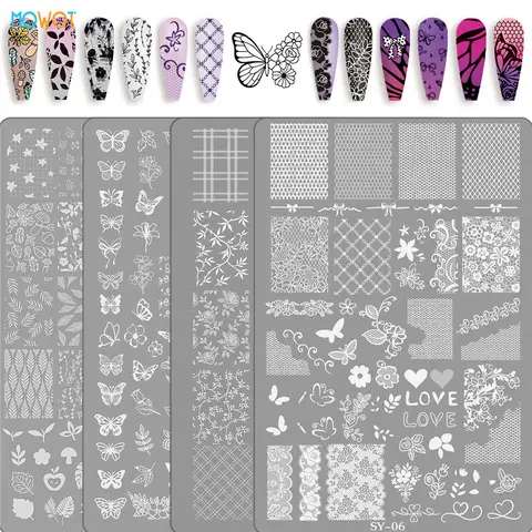 MOWOT Nail Stamping Plate Plaid Flowers Butterfly Nail Art Templates Image for Nail DIY Polish Printing Transfer Template Tools