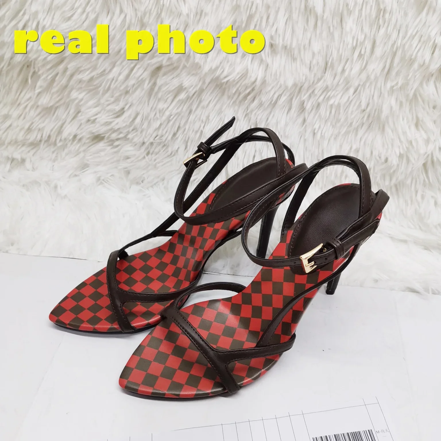 Patchwork Lattice Leather Thin High Sandals Open Toe Back Buckle Ankle Strap Slim Stiletto Pumps 2024 Women Fashion Sexy Shoes