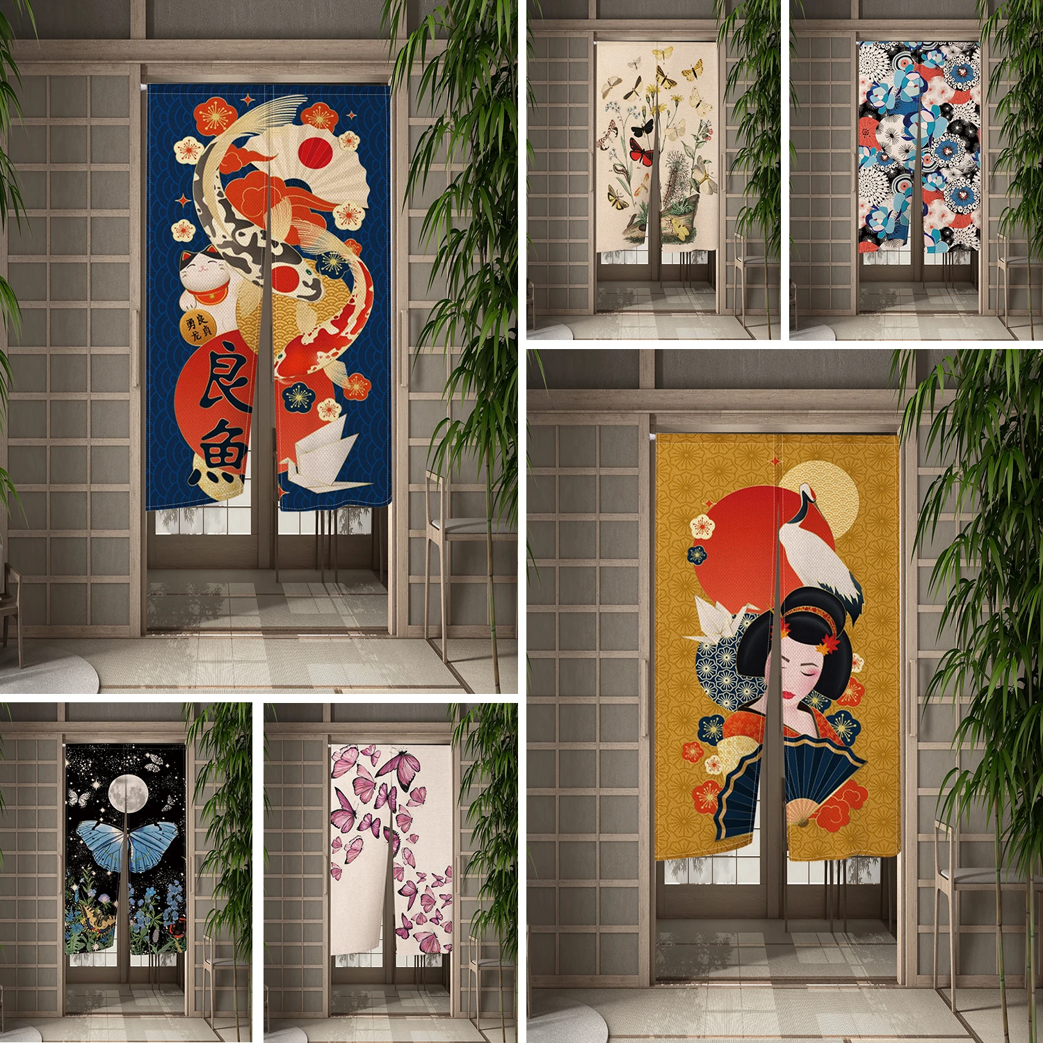 

Japanese Koi Door Curtain 3D Printed Partition Kitchen Doorway Linen Decorative Curtains Living Room Blackout Half Curtains