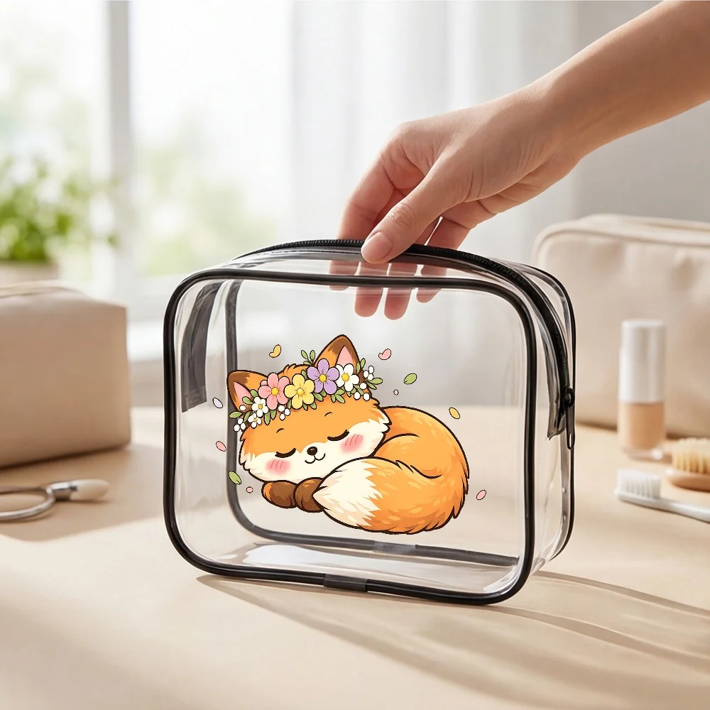 Toiletry Bag Cute Sleeping Fox Clear Zipper Pouch Kawaii Floral Cosmetic Bag Transparent Travel Toiletry Case Makeup Organizer G