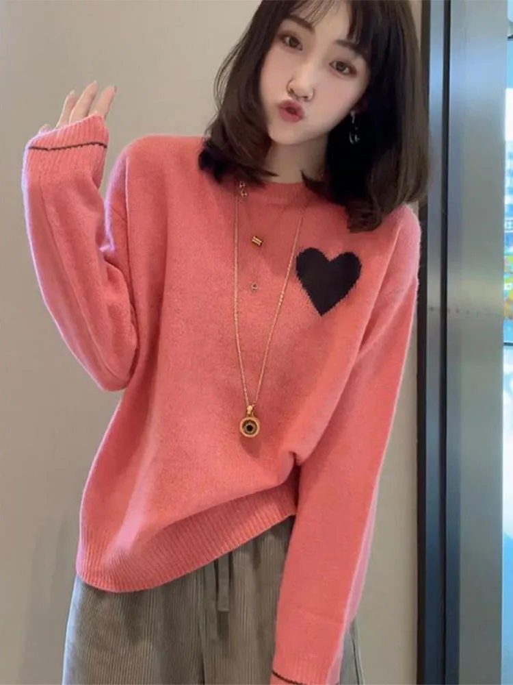 

Длинный свитер с принтом Love Pattern, мягкий шерстяной вязаный свитер, свободный повседневный осенне-зимний антивозрастной женский свитер Quali Base irt...